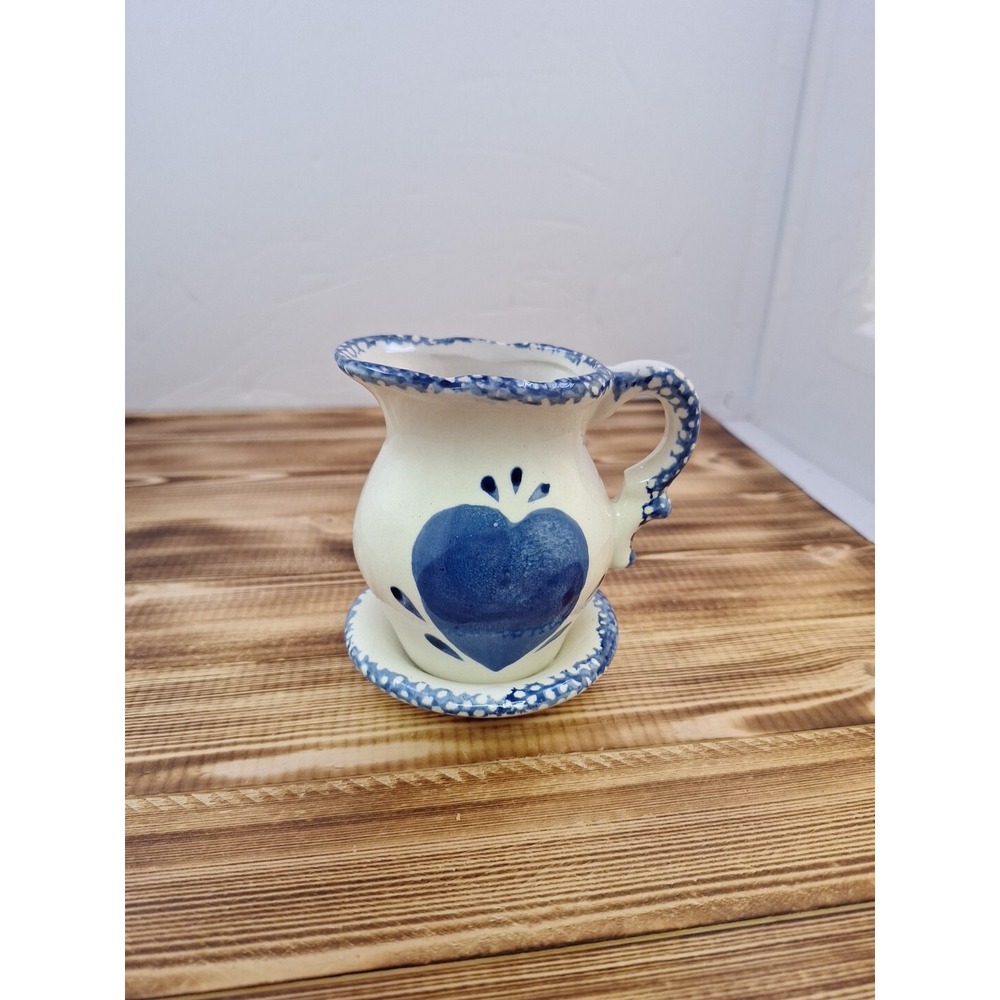 Creamer Pitcher Plate One‎ Piece Blue Speckled Trim Sponge Paint Vintage 4" Tall